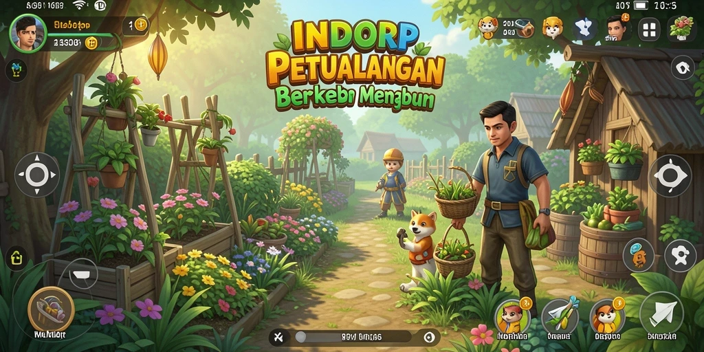 Tampilan gameplay INDORP yang memikat saat berkebun dan panen.