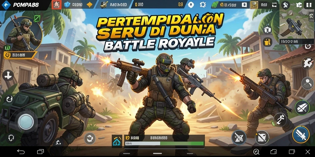 Screenshot POMPA88 menampilkan pertempuran Epic di arena Battle Royale.