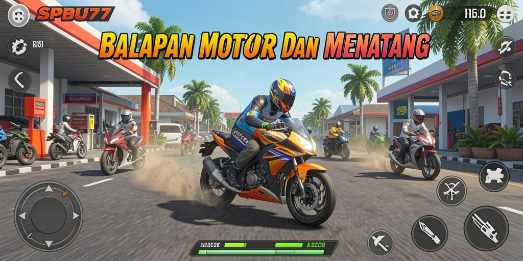 Tangkapan layar gameplay SPBU77 yang menampilkan ketegangan balapan motor.